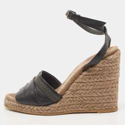 Brunello Cucinelli Black Leather Ankle Strap Wedge Sandals Size 40