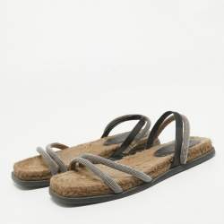 Brunello Cucinelli Black/Beige Leather and Crystal Embellished Slingback Flat Sandals Size 36