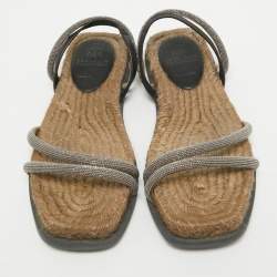 Brunello Cucinelli Black/Beige Leather and Crystal Embellished Slingback Flat Sandals Size 36