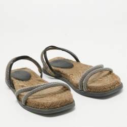 Brunello Cucinelli Black/Beige Leather and Crystal Embellished Slingback Flat Sandals Size 36