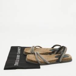 Brunello Cucinelli Black/Beige Leather and Crystal Embellished Slingback Flat Sandals Size 36