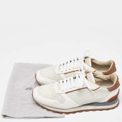Brunello Cucinelli White/Brown Suede and Leather Low Top Sneakers Size 42