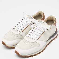 Brunello Cucinelli White/Brown Suede and Leather Low Top Sneakers Size 42