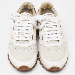 Brunello Cucinelli White/Brown Suede and Leather Low Top Sneakers Size 42