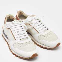 Brunello Cucinelli White/Brown Suede and Leather Low Top Sneakers Size 42