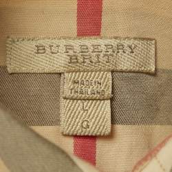 مملوكة مسبقًا قميص بربري قطن بيج كارو بأزرار أمامية مقاس كبير - لارج