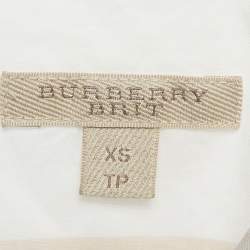 Pre Owned Burberry Brit White Plaid Print Cotton Tie -Up Mock Neck Blouse XS