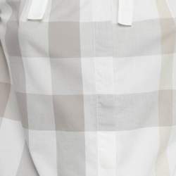 Pre Owned Burberry Brit White Plaid Print Cotton Tie -Up Mock Neck Blouse XS