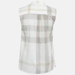 Pre Owned Burberry Brit White Plaid Print Cotton Tie -Up Mock Neck Blouse XS