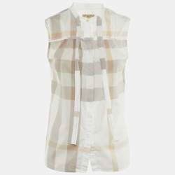 Pre Owned Burberry Brit White Checked Cotton Tie Neck Sleeveless Shirt S 