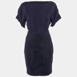 Pre Owned Burberry Brit Navy Blue Crepe & Cotton Knee Length Dress S