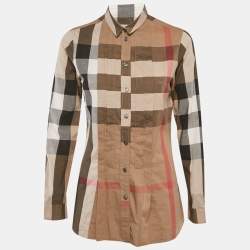 مملوكة مسبقًا Burberry Beige Checks Cotton Pink Tucks Shirt S