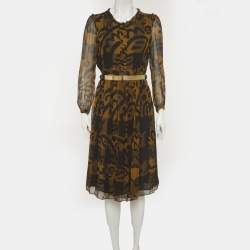 Pre Owned Burberry Brit Black/Mustard Abstract Print Silk Midi Dress M