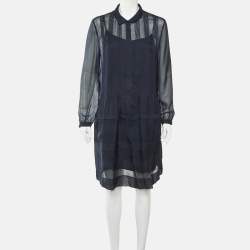 Pre Owned Burberry Brit Midnight Blue Silk Pintucked Knee Length Dress L