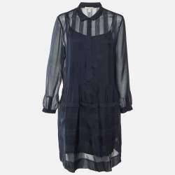 Pre Owned Burberry Brit Midnight Blue Silk Pintucked Knee Length Dress L