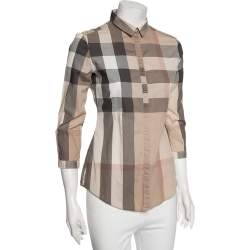 Pre Owned Burberry Brit Beige Cotton Classic Check Ruched Detail Shirt XS