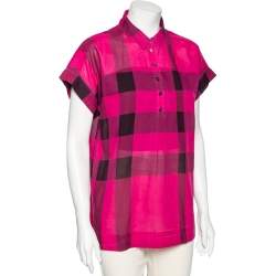 Pre Owned Burberry Brit Pink Checkered Cotton Half Button Shirt L