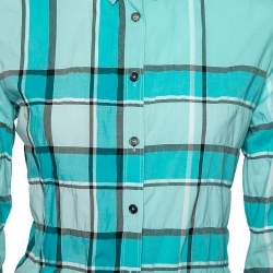 Pre Owned قميص بربري بريت قطن كاروهات أزرق بأزرار أمامية مقاس صغير - سمول