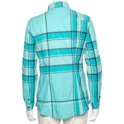 Pre Owned قميص بربري بريت قطن كاروهات أزرق بأزرار أمامية مقاس صغير - سمول