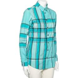 Pre Owned قميص بربري بريت قطن كاروهات أزرق بأزرار أمامية مقاس صغير - سمول