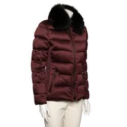 Pre Owned Burberry Brit Burgundy Synthetic Fox Fur Trimmed Puffer Jackets S