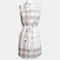 Pre Owned Burberry Brit Off White Checked Cotton Sleeveless Belted Shirt Dress S