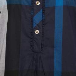 Burberry Brit Navy Blue Giant Check Cotton Ruffled Button Front Blouse S
