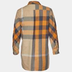 Burberry Brit Orange Checked Cotton Gathered Button Front Blouse M 