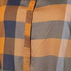 Burberry Brit Orange Checked Cotton Gathered Button Front Blouse M 