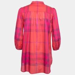 Pre Owned Burberry Brit Pink Madras Check Cotton Ruched Neck Detail Tunic S