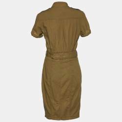 Pre Owned Burberry Brit Olive Green Stretch Cotton Belted Button Front Dress S
