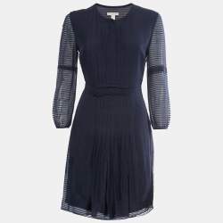 Pre Owned Burberry Brit Navy Blue Striped Wool & Silk Pleated Midi Dress S
