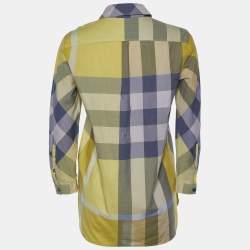 Pre Owned Burberry Brit Grey and Yellow Novacheck Cotton Ruched Placket Detail Shirt XS
