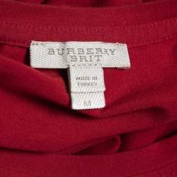 Pre Owned Burberry Brit Red Stretch Cotton Nova Check Trim Round Neck T-Shirt M