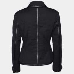 Pre Owned Burberry Brit Black Textured Cotton Leather Trim Biker Jacket M
