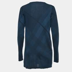 Pre Owned Burberry Brit Navy Blue Checkered Wool Blend Cotton Button Front Cardigan L