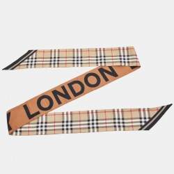 Pre Owned Burberry Beige & Brown Vintage Check Silk Ribbon Scarf
