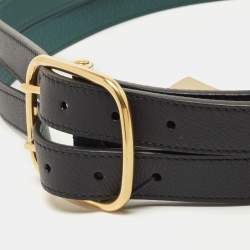 Pre Owned Burberry Black/Green Leather Lyndon Double Strap Buckle Belt 90CM