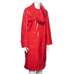 Burberry London Bright Red Faux Leather Belt Detail Coat S
