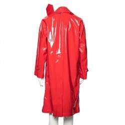 Burberry London Bright Red Faux Leather Belt Detail Coat S