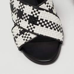 Pre Owned Burberry Black/White Woven Leather London Ankle Strap Sandals Size 39
