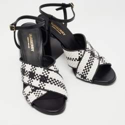 Pre Owned Burberry Black/White Woven Leather London Ankle Strap Sandals Size 39