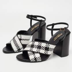 Pre Owned Burberry Black/White Woven Leather London Ankle Strap Sandals Size 39