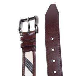 Pre Owned Burberry Dark Brown House Check Canvas and Leather Buckle Belt 90CM