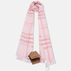 Pre Owned Burberry London Pink Giant Check Pattern Silk & Wool Fringed Scarf