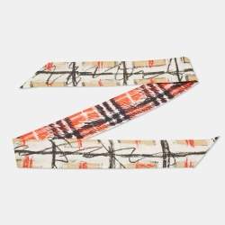 Burberry Orange/Beige Scribble Check Print Silk Bandeau Scarf