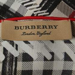 Pre Owned Burberry Beige Scribble Printed Checkered Silk Scarf