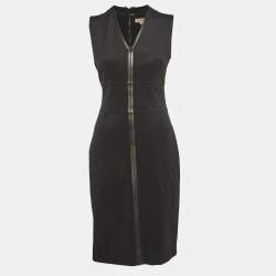 Pre Owned Burberry London Black Leather Trim Stretch Knit Sheath Dress L