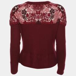 Pre Owned Burberry London Burgundy Merino Wool Knit Macrame Lace Detail Button Front Cardigan M