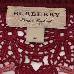Pre Owned Burberry London Burgundy Merino Wool Knit Macrame Lace Detail Button Front Cardigan M
